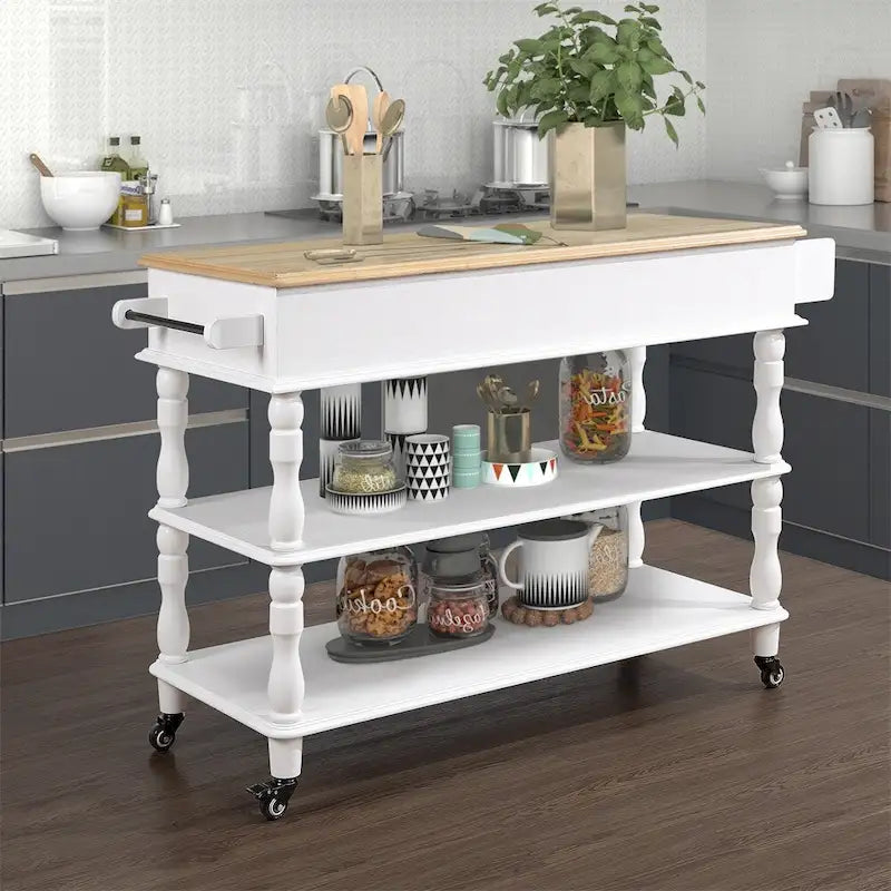 Rolling Oak Wood Top Kitchen Cart with Wine Rack and 2 Drawers