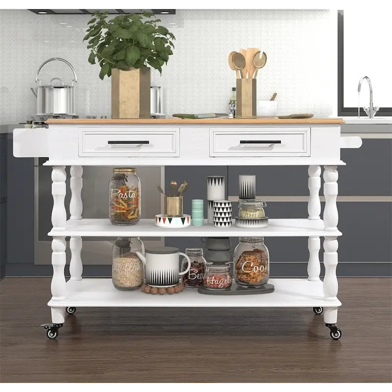 Rolling Oak Wood Top Kitchen Cart with Wine Rack and 2 Drawers