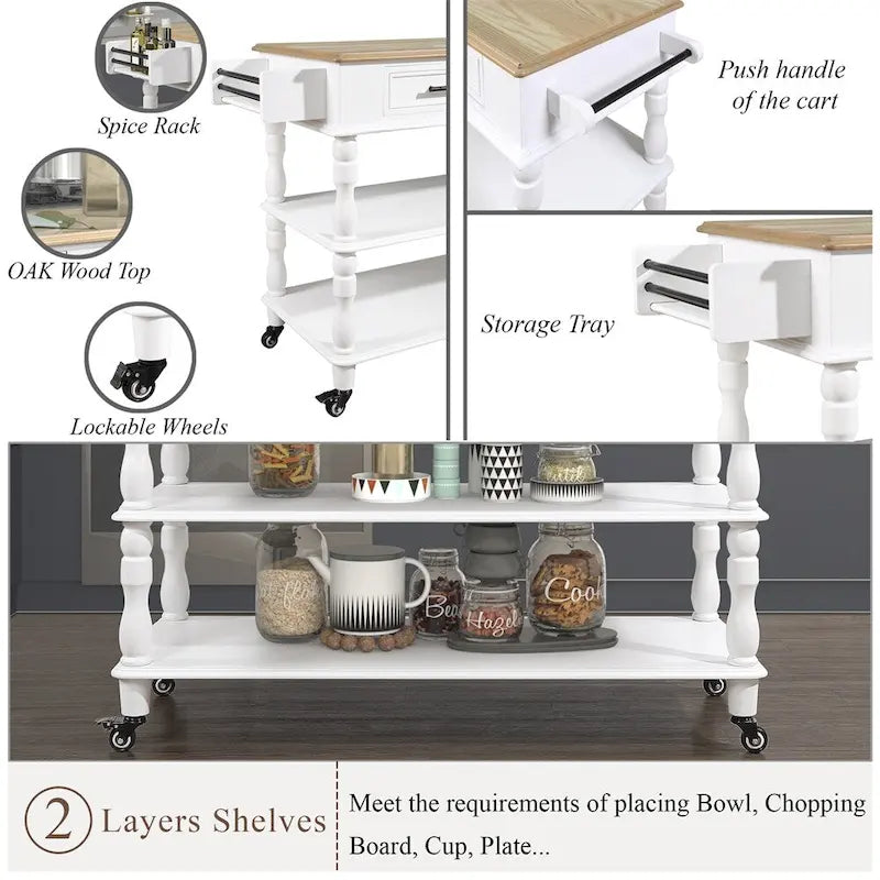 Rolling Oak Wood Top Kitchen Cart with Wine Rack and 2 Drawers