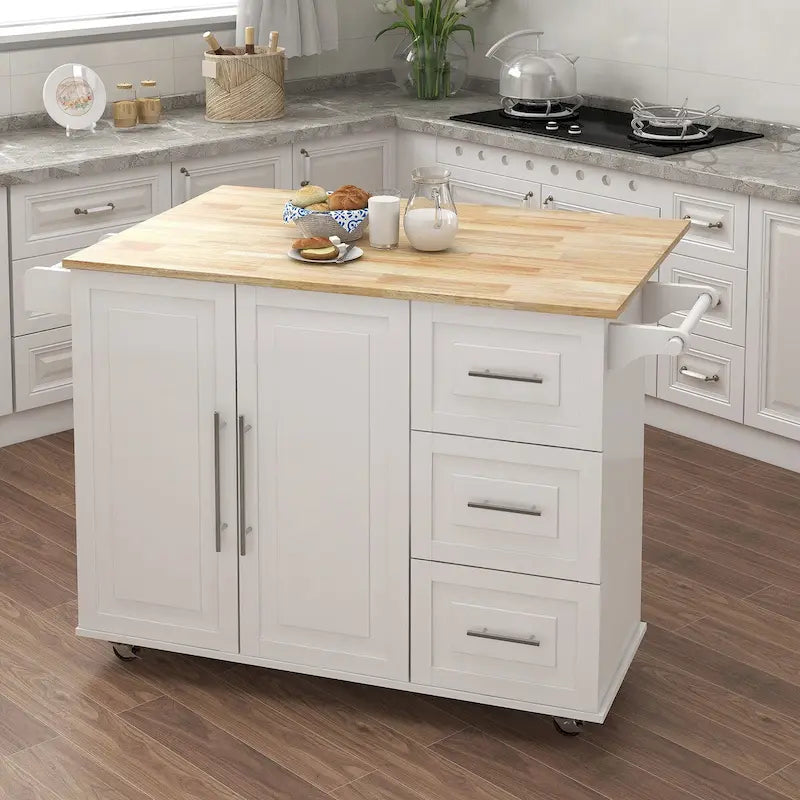 Kitchen Island Cart with Spice Rack, Towel Rack and Extensible Solid Wood Table Top