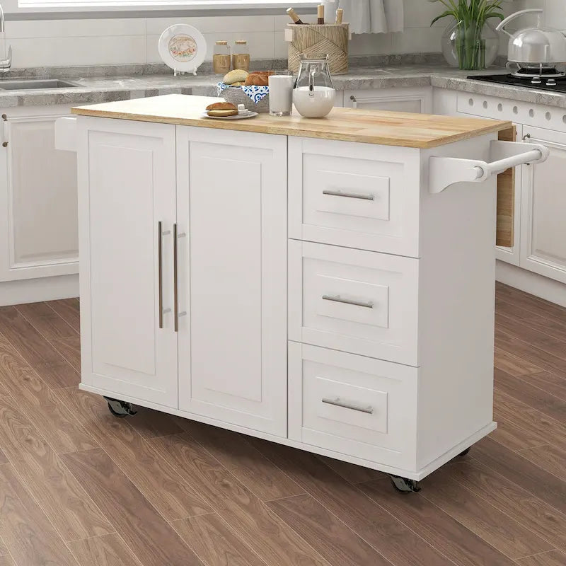Kitchen Island Cart with Spice Rack, Towel Rack and Extensible Solid Wood Table Top