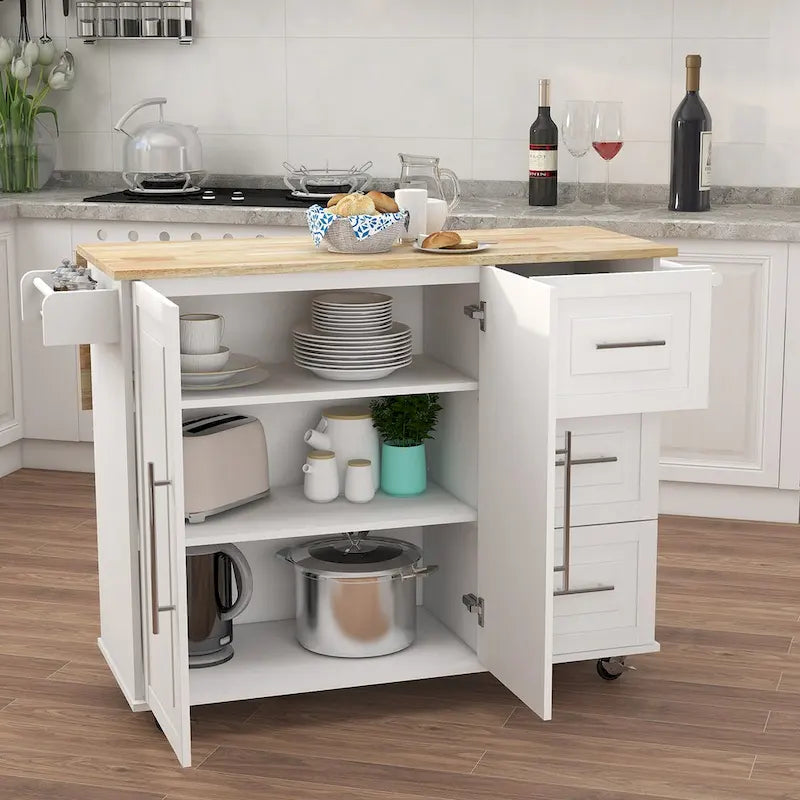 Kitchen Island Cart with Spice Rack, Towel Rack and Extensible Solid Wood Table Top