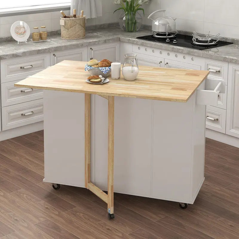 Kitchen Island Cart with Spice Rack, Towel Rack and Extensible Solid Wood Table Top