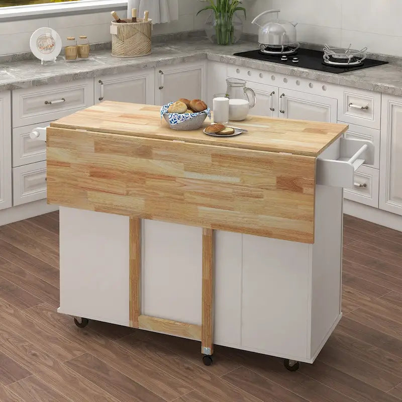 Kitchen Island Cart with Spice Rack, Towel Rack and Extensible Solid Wood Table Top