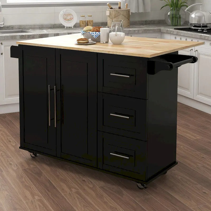 Kitchen Island Cart with Spice Rack, Towel Rack and Extensible Solid Wood Table Top