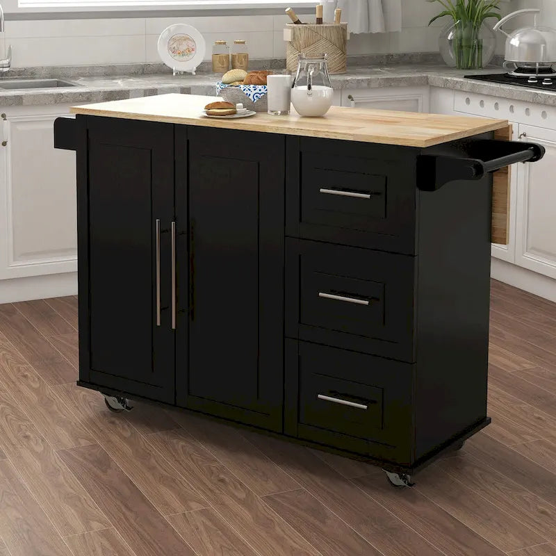 Kitchen Island Cart with Spice Rack, Towel Rack and Extensible Solid Wood Table Top