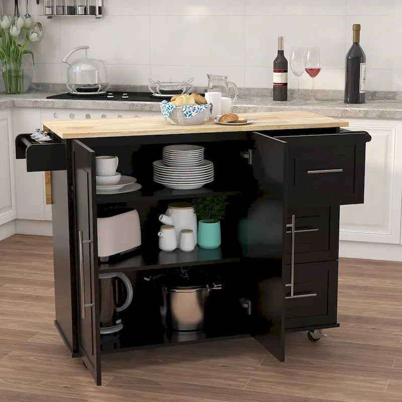 Kitchen Island Cart with Spice Rack, Towel Rack and Extensible Solid Wood Table Top
