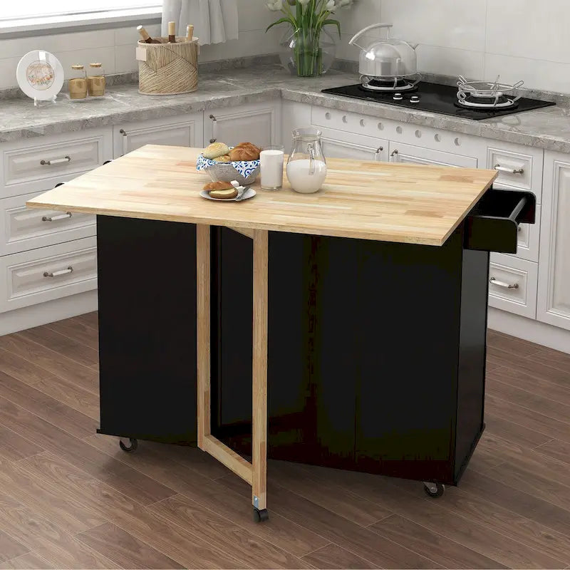 Kitchen Island Cart with Spice Rack, Towel Rack and Extensible Solid Wood Table Top