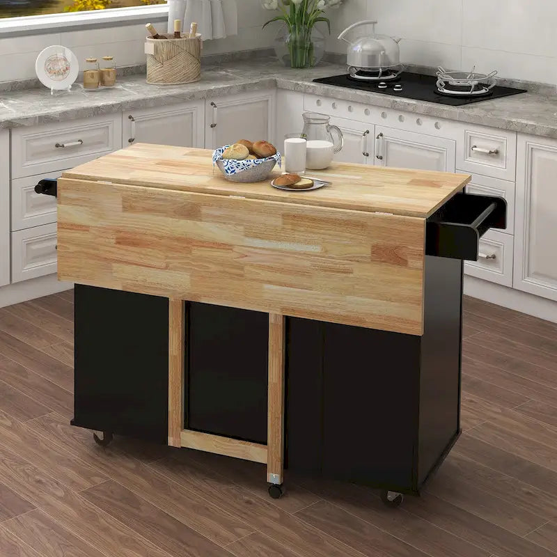 Kitchen Island Cart with Spice Rack, Towel Rack and Extensible Solid Wood Table Top
