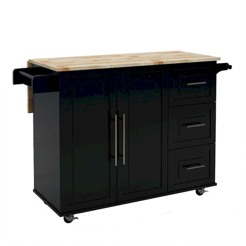 Kitchen Island Cart with Spice Rack, Towel Rack and Extensible Solid Wood Table Top