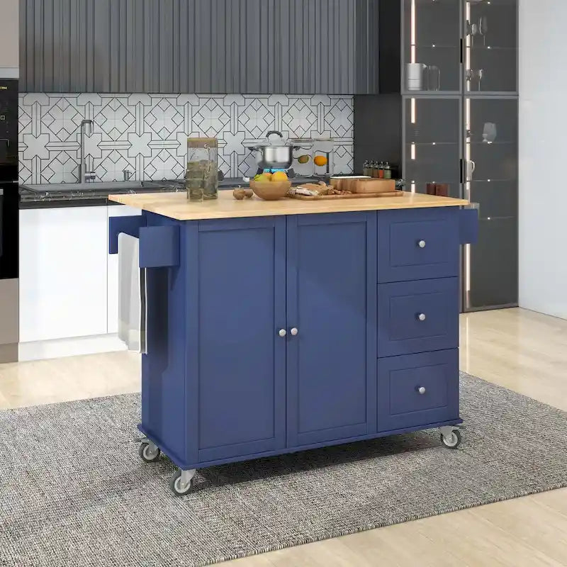 Rolling Mobile Kitchen Island with Drop Leaf - Solid Wood Top, Locking Wheels & Storage Cabinet, 52.7 Inch Width