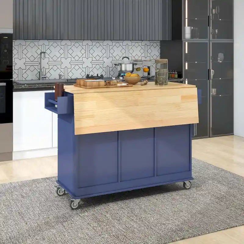 Rolling Mobile Kitchen Island with Drop Leaf - Solid Wood Top, Locking Wheels & Storage Cabinet, 52.7 Inch Width