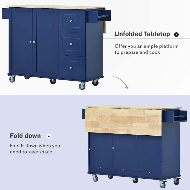 Rolling Mobile Kitchen Island with Drop Leaf - Solid Wood Top, Locking Wheels & Storage Cabinet, 52.7 Inch Width