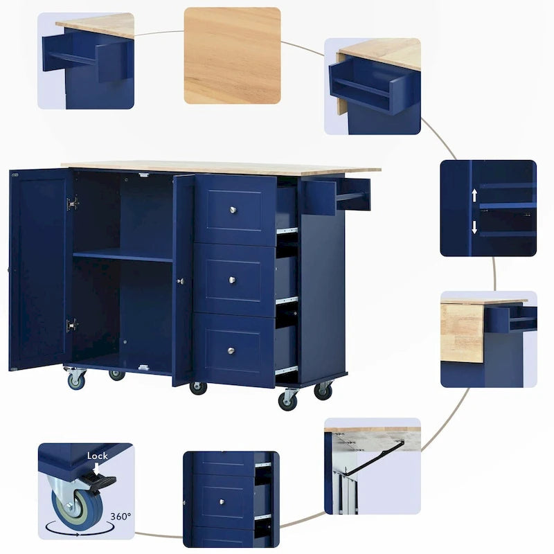 Rolling Mobile Kitchen Island with Drop Leaf - Solid Wood Top, Locking Wheels & Storage Cabinet, 52.7 Inch Width