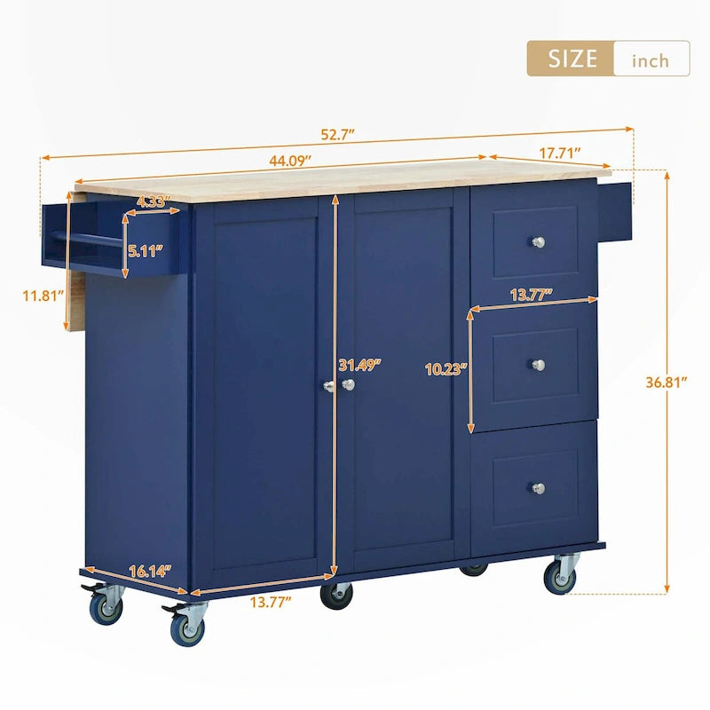 Rolling Mobile Kitchen Island with Drop Leaf - Solid Wood Top, Locking Wheels & Storage Cabinet, 52.7 Inch Width