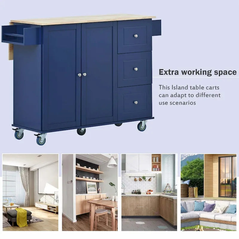 Rolling Mobile Kitchen Island with Drop Leaf - Solid Wood Top, Locking Wheels & Storage Cabinet, 52.7 Inch Width