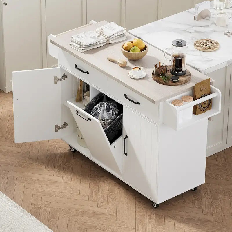 Kitchen Island with Trash Can Storage Cabinet, Drop-Leaf Cart, Spice & Towel Rack, Rolling Cart On Wheels with Adjustable Shelf