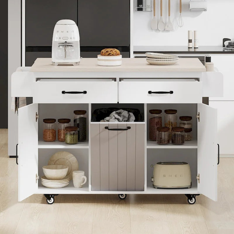 Kitchen Island with Trash Can Storage Cabinet, Drop-Leaf Cart, Spice & Towel Rack, Rolling Cart On Wheels with Adjustable Shelf
