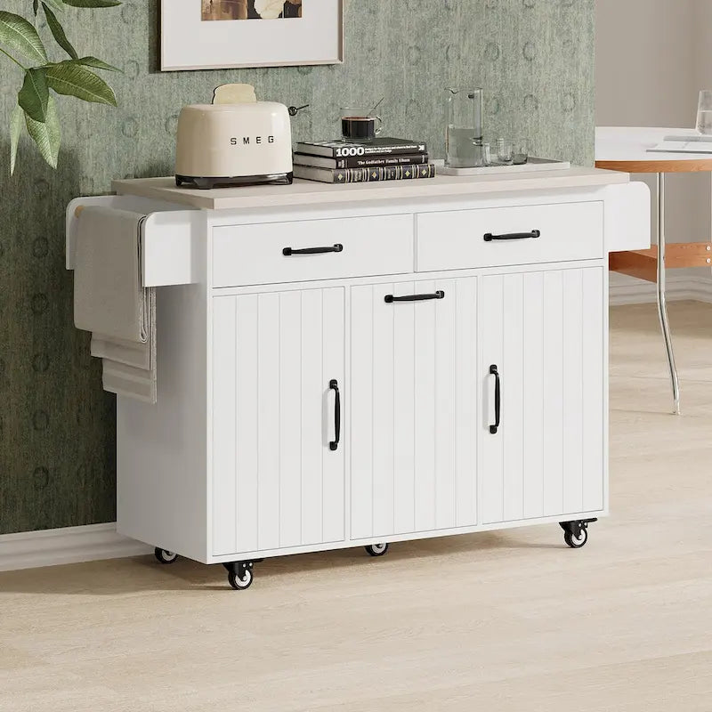 Kitchen Island with Trash Can Storage Cabinet, Drop-Leaf Cart, Spice & Towel Rack, Rolling Cart On Wheels with Adjustable Shelf