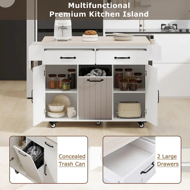 Kitchen Island with Trash Can Storage Cabinet, Drop-Leaf Cart, Spice & Towel Rack, Rolling Cart On Wheels with Adjustable Shelf