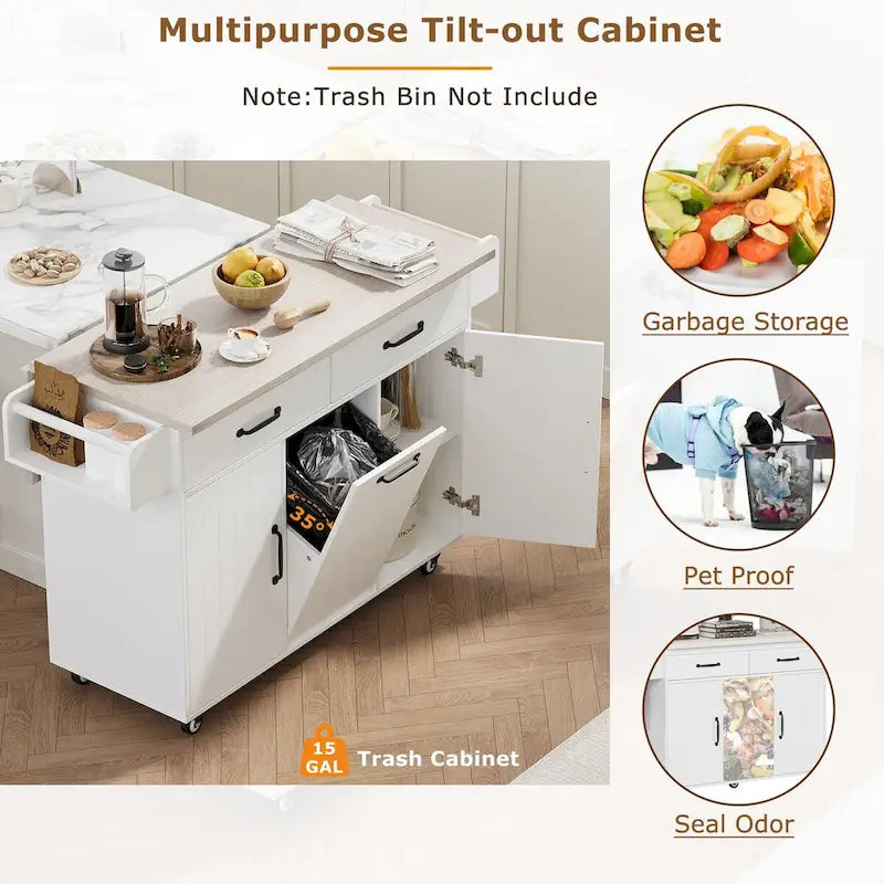 Kitchen Island with Trash Can Storage Cabinet, Drop-Leaf Cart, Spice & Towel Rack, Rolling Cart On Wheels with Adjustable Shelf
