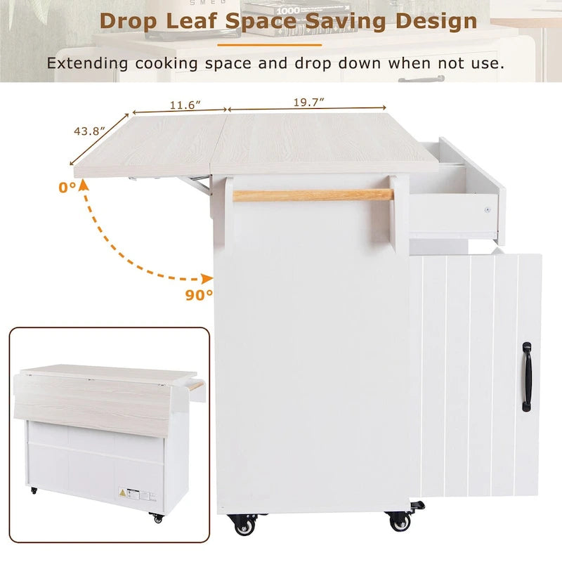 Kitchen Island with Trash Can Storage Cabinet, Drop-Leaf Cart, Spice & Towel Rack, Rolling Cart On Wheels with Adjustable Shelf
