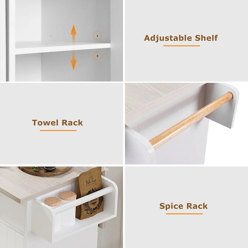 Kitchen Island with Trash Can Storage Cabinet, Drop-Leaf Cart, Spice & Towel Rack, Rolling Cart On Wheels with Adjustable Shelf