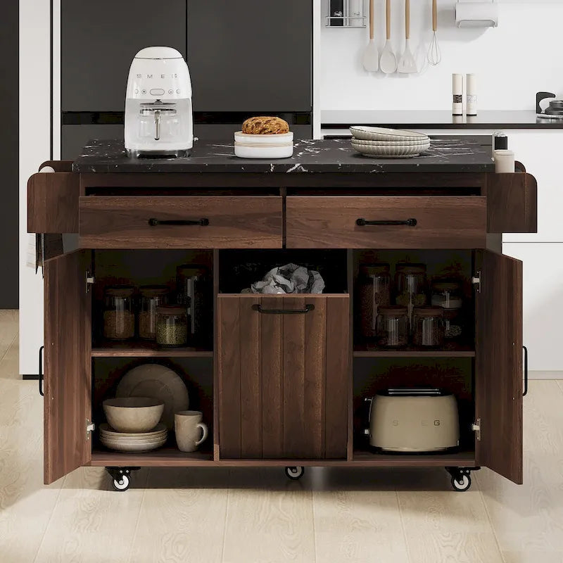 Kitchen Island with Trash Can Storage Cabinet, Drop-Leaf Cart, Spice & Towel Rack, Rolling Cart On Wheels with Adjustable Shelf