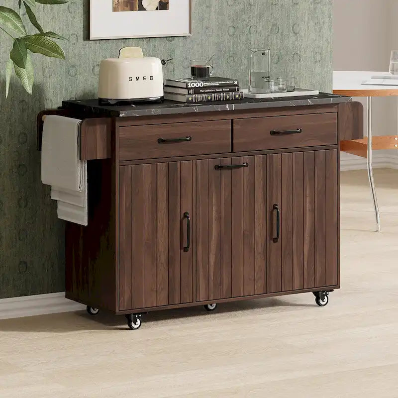 Kitchen Island with Trash Can Storage Cabinet, Drop-Leaf Cart, Spice & Towel Rack, Rolling Cart On Wheels with Adjustable Shelf