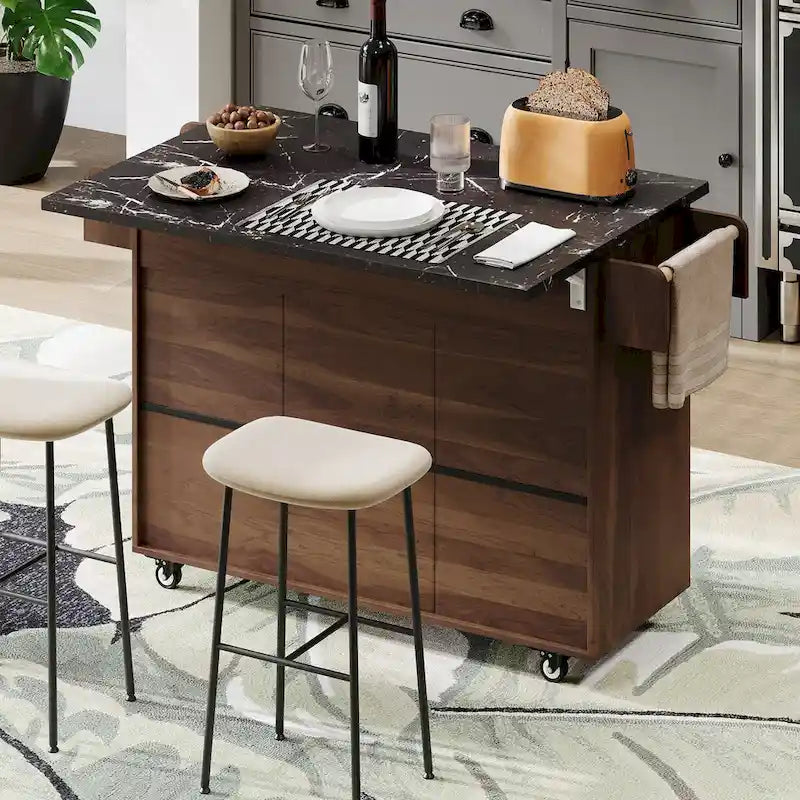 Kitchen Island with Trash Can Storage Cabinet, Drop-Leaf Cart, Spice & Towel Rack, Rolling Cart On Wheels with Adjustable Shelf