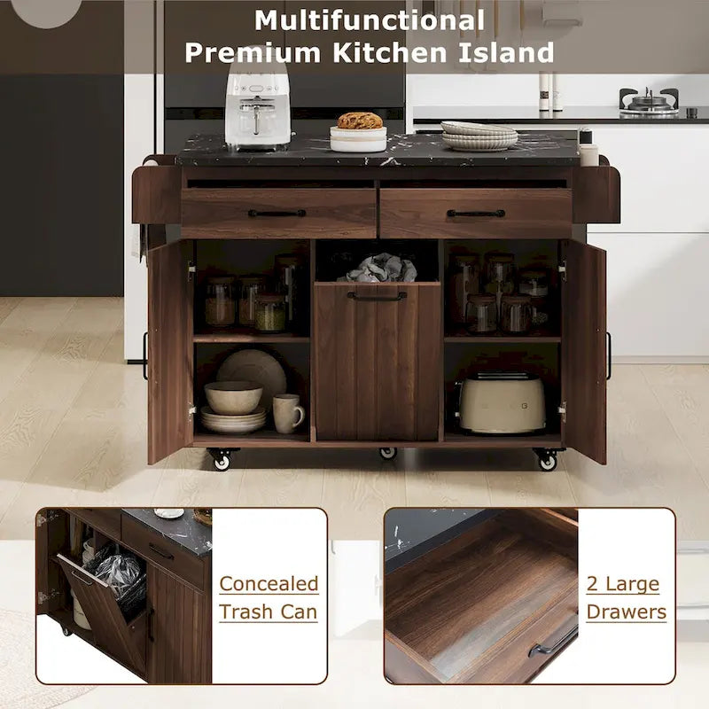 Kitchen Island with Trash Can Storage Cabinet, Drop-Leaf Cart, Spice & Towel Rack, Rolling Cart On Wheels with Adjustable Shelf