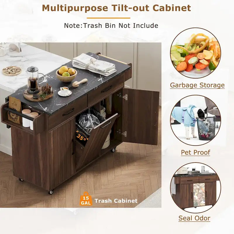 Kitchen Island with Trash Can Storage Cabinet, Drop-Leaf Cart, Spice & Towel Rack, Rolling Cart On Wheels with Adjustable Shelf