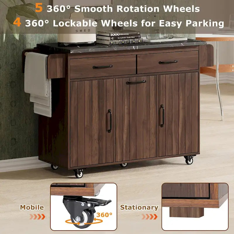 Kitchen Island with Trash Can Storage Cabinet, Drop-Leaf Cart, Spice & Towel Rack, Rolling Cart On Wheels with Adjustable Shelf