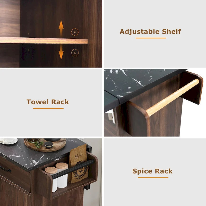 Kitchen Island with Trash Can Storage Cabinet, Drop-Leaf Cart, Spice & Towel Rack, Rolling Cart On Wheels with Adjustable Shelf