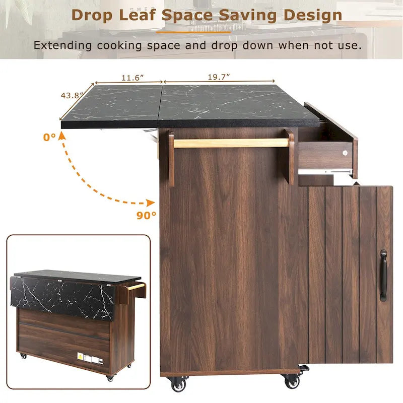 Kitchen Island with Trash Can Storage Cabinet, Drop-Leaf Cart, Spice & Towel Rack, Rolling Cart On Wheels with Adjustable Shelf