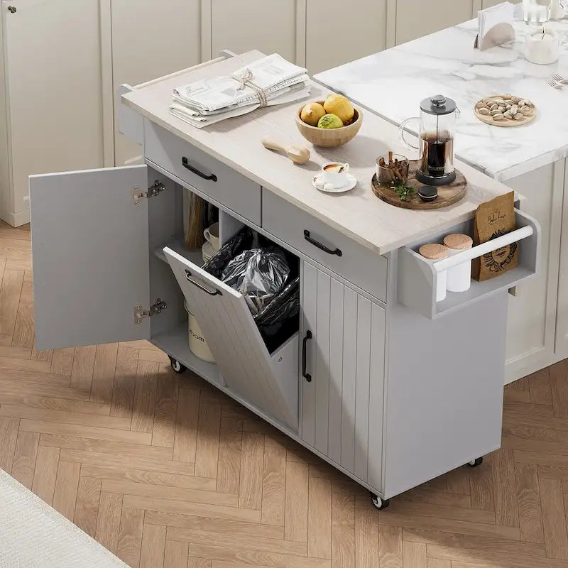 Kitchen Island with Trash Can Storage Cabinet, Drop-Leaf Cart, Spice & Towel Rack, Rolling Cart On Wheels with Adjustable Shelf
