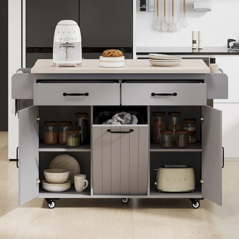Kitchen Island with Trash Can Storage Cabinet, Drop-Leaf Cart, Spice & Towel Rack, Rolling Cart On Wheels with Adjustable Shelf