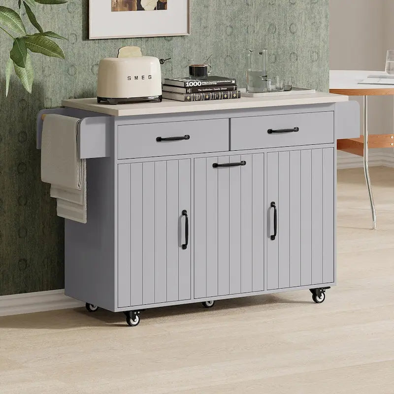 Kitchen Island with Trash Can Storage Cabinet, Drop-Leaf Cart, Spice & Towel Rack, Rolling Cart On Wheels with Adjustable Shelf