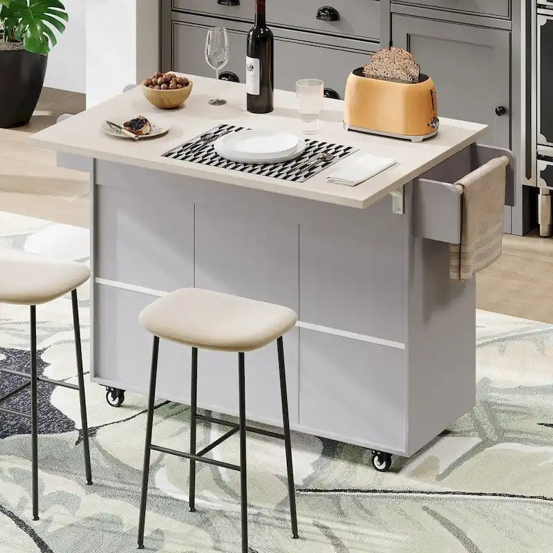 Kitchen Island with Trash Can Storage Cabinet, Drop-Leaf Cart, Spice & Towel Rack, Rolling Cart On Wheels with Adjustable Shelf
