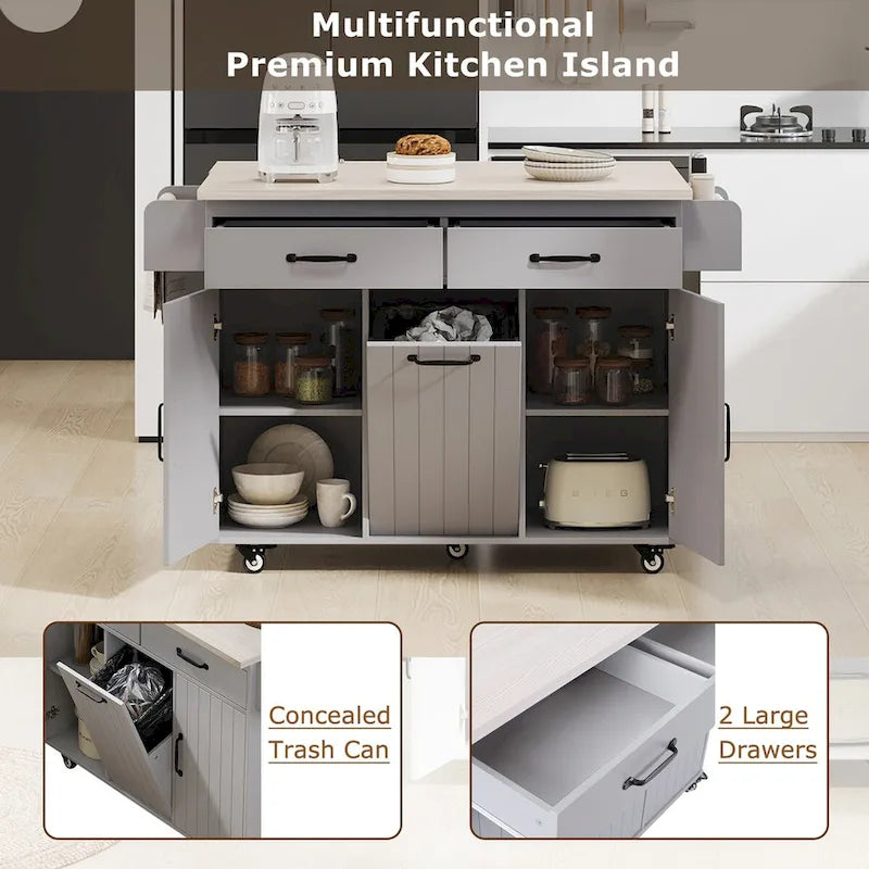 Kitchen Island with Trash Can Storage Cabinet, Drop-Leaf Cart, Spice & Towel Rack, Rolling Cart On Wheels with Adjustable Shelf