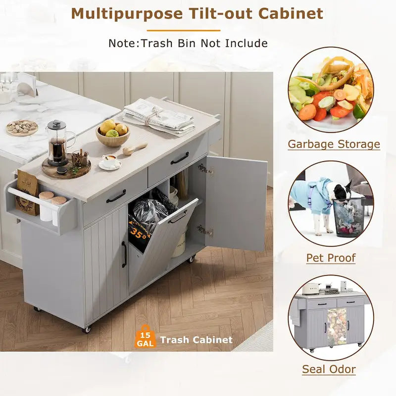 Kitchen Island with Trash Can Storage Cabinet, Drop-Leaf Cart, Spice & Towel Rack, Rolling Cart On Wheels with Adjustable Shelf