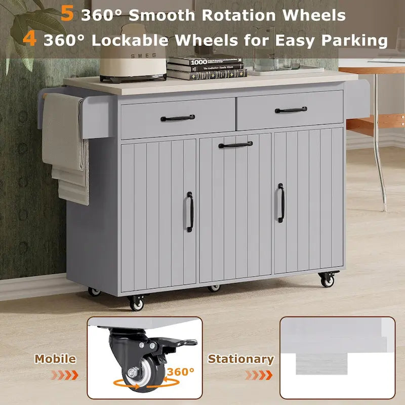 Kitchen Island with Trash Can Storage Cabinet, Drop-Leaf Cart, Spice & Towel Rack, Rolling Cart On Wheels with Adjustable Shelf