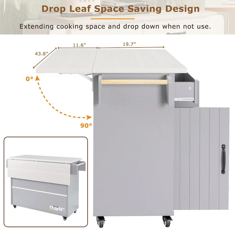 Kitchen Island with Trash Can Storage Cabinet, Drop-Leaf Cart, Spice & Towel Rack, Rolling Cart On Wheels with Adjustable Shelf