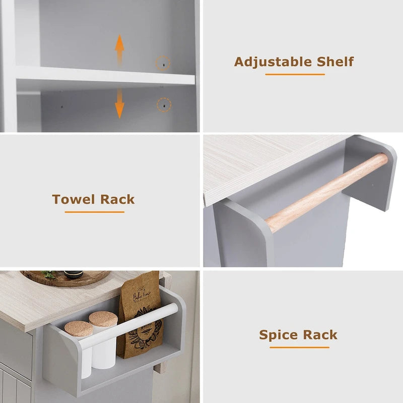 Kitchen Island with Trash Can Storage Cabinet, Drop-Leaf Cart, Spice & Towel Rack, Rolling Cart On Wheels with Adjustable Shelf