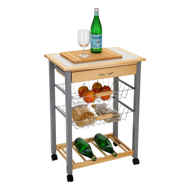 Rolling Kitchen Cart with Wine Rack - 22.50 x 14.50 x 30.00