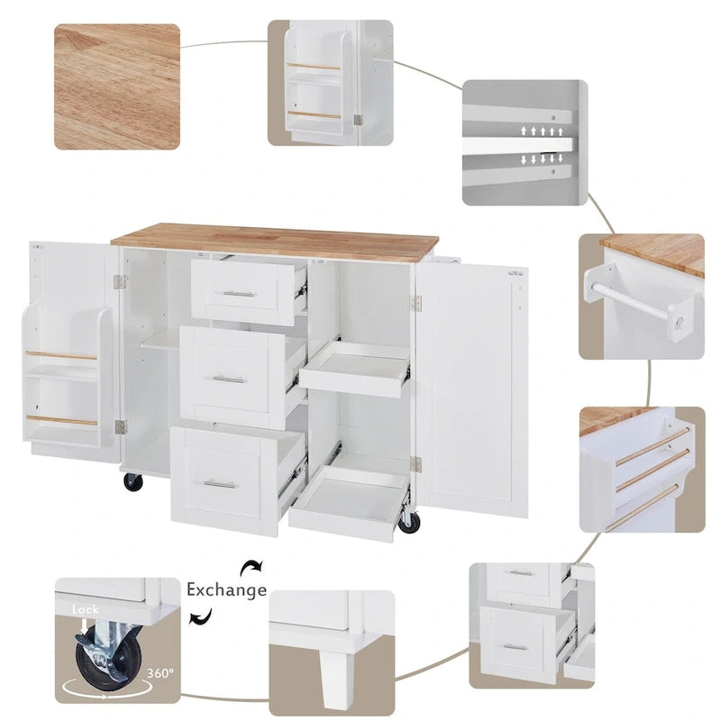 50 in. W Kitchen Island with 3 Drawer, 2 Slide-Out Shelf and Internal Storage Rack