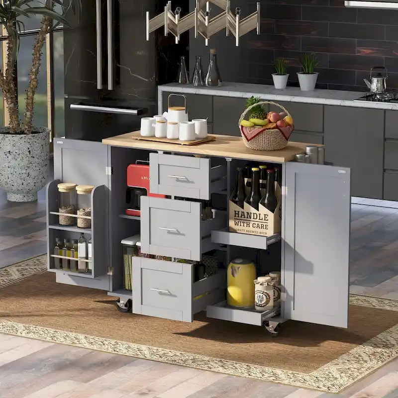 50 in. W Kitchen Island with 3 Drawer, 2 Slide-Out Shelf and Internal Storage Rack