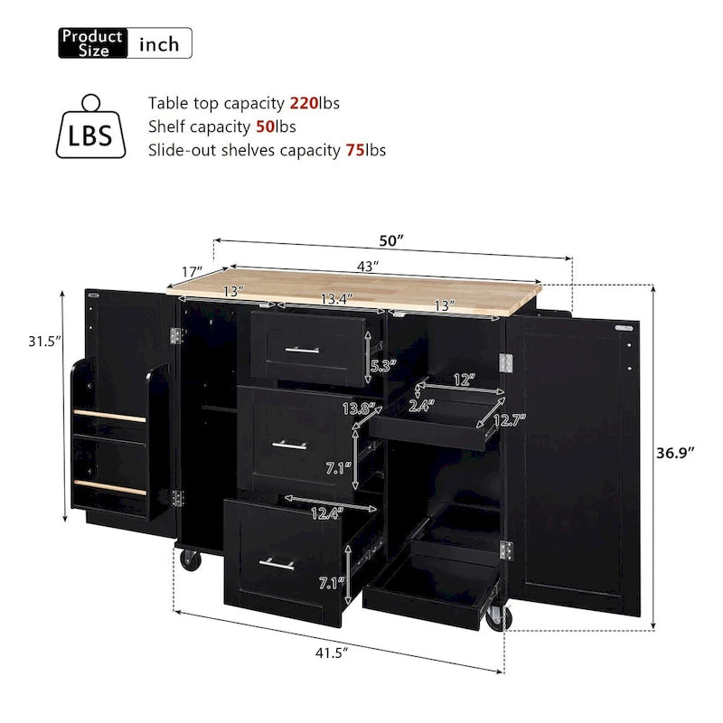 50 in. W Kitchen Island with 3 Drawer, 2 Slide-Out Shelf and Internal Storage Rack
