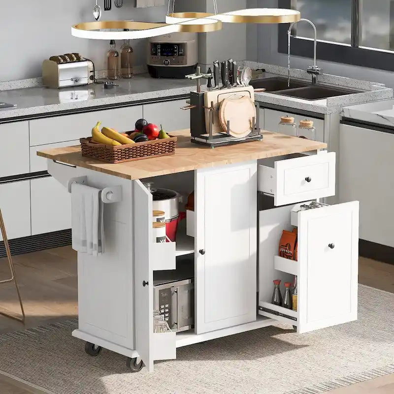 Kitchen Island with Drop Leaf, Rolling Cart on Wheels with Storage Rack and 3-Tier Pull-Out Cabinet Organizer with Spice Rack