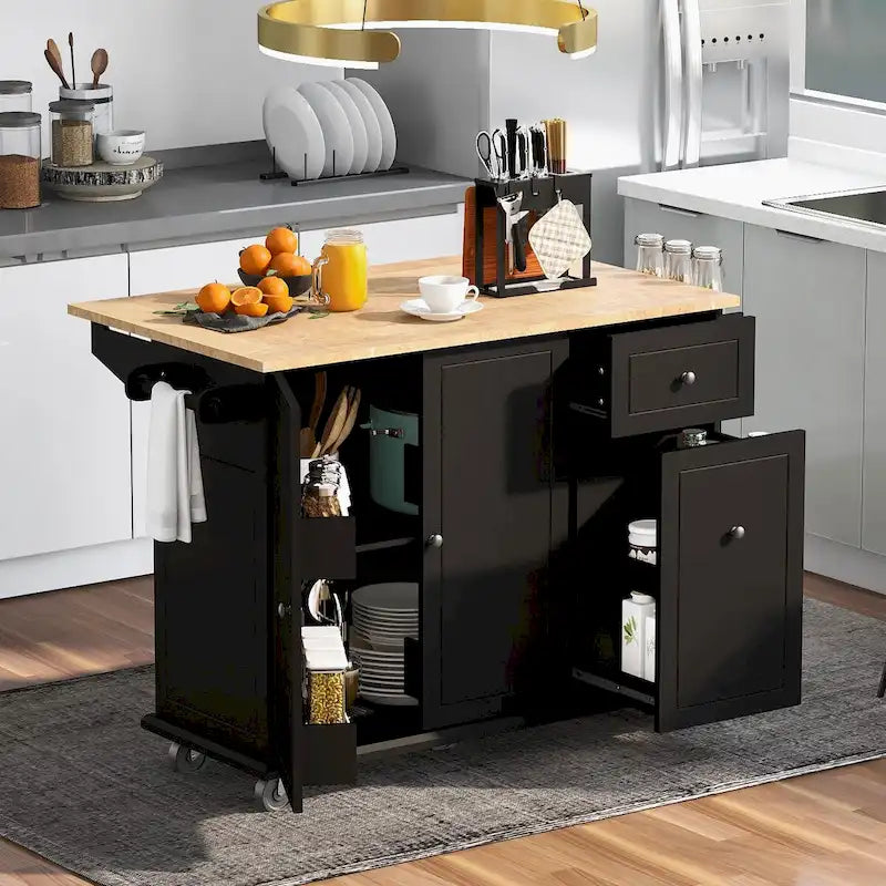 Kitchen Island with Drop Leaf, Rolling Cart on Wheels with Storage Rack and 3-Tier Pull-Out Cabinet Organizer with Spice Rack